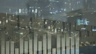 Arka plandaki karton kutular üzerinde istatistik işleme animasyonu. küresel sevkiyat, dağıtım, çevrimiçi alışveriş ve bağlantılar konsepti dijital olarak oluşturulmuş video.