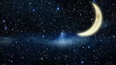 Kara arka planda kar yağışı ve hilal üzerine yeni yıl yıldızlarının animasyonu. Noel, gelenek ve kutlama konsepti dijital olarak oluşturuldu.