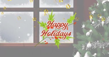 Yılbaşı kutlamalarının üzerine düşen yıldızların ve pencereden görünen karlı Noel ağacının animasyonu. Noel, gelenek ve kutlama konsepti dijital olarak oluşturuldu.