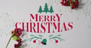 Noel süslemeleriyle ilgili mutlu noel mesajlarının animasyonu. Noel, kış, gelenek ve kutlama konsepti dijital olarak oluşturulmuş video.