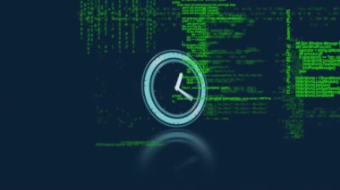 Veri işleme animasyonu, kırmızı noktalar ve saat korse üzerinde hızla ilerliyor. küresel veri işleme ve dijital arayüz konsepti dijital olarak oluşturulmuş video.