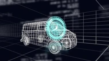 Minibüs ve ızgaranın 3 boyutlu çizim modelinin saat ve veri işleme animasyonu. küresel mühendislik, veri işleme ve dijital arayüz kavramı dijital olarak oluşturulmuş video.