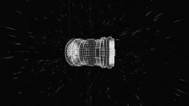 Siyah arka plandaki beyaz ışıkların üzerinde jet motorunun üç boyutlu teknik diyagramının animasyonu. teknoloji ve dijital arayüz kavramı dijital olarak oluşturulmuş video.