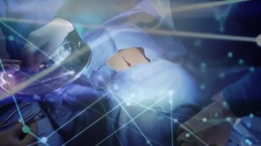 Ameliyathanedeki cerrahlar üzerinden bağlantı ağının animasyonu. küresel tıp, sağlık hizmetleri ve dijital olarak üretilen video konsepti.