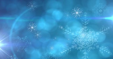 Mavi Bokeh arka planına düşen Noel kar tanelerinin animasyonu. Noel, gelenek ve kutlama konsepti dijital olarak oluşturuldu.
