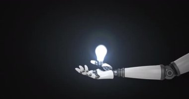 Robot kolunun üzerinde yanan ampulün animasyonu, koyu arkaplanda hareket eden ışık. Elektrik mühendisliği teknolojisi, iletişim ve araştırma konsepti dijital olarak oluşturulmuş video.