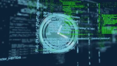 Veri işleme arayüzünde saat yüzlü dairesel tarayıcının animasyonu. küresel iletişim ve dijital arayüz teknolojisi kavramı dijital olarak oluşturulmuş video.