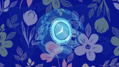 Mavi küresel ağ ve çiçek izi üzerinde saati olan dairesel tarayıcının animasyonu. küresel iletişim ağı ve dijital güvenlik arayüzü teknolojisi konsepti dijital olarak oluşturulmuş video.