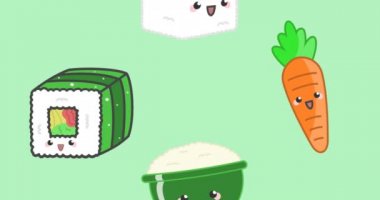 Havuç ve yeşil arka planda suşi üzerine sıcak satış metniyle resimleme animasyonu. Satışlar, beslenme ve sağlıklı gıda konsepti dijital olarak üretilmiş video.