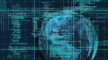 Veri işleme ve korsenin üzerindeki dünyanın animasyonu. küresel veri işleme ve dijital arayüz konsepti dijital olarak oluşturulmuş video.