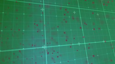 Yeşil ızgara üzerinde dönen kırmızı parçacıkların animasyonu. küresel bilim, eğitim ve araştırma teknolojisi konsepti dijital olarak oluşturulmuş video.