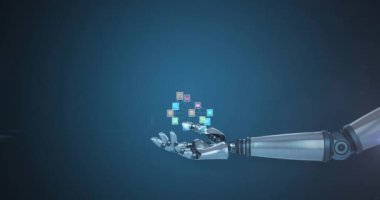 Koyu arkaplanda hareket eden ışık ile robot kolun üzerinde medya simgelerinin oluşturduğu bir ağ animasyonu. Elektrik mühendisliği teknolojisi, iletişim ve araştırma konsepti dijital olarak oluşturulmuş video.