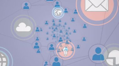 Simgelerle bağlantı ağının animasyonu. küresel bağlantılar, ağlar ve veri işleme konsepti dijital olarak oluşturulmuş video.