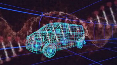 Minibüs ve ızgaranın 3D çizim modeli üzerinde dönen insan beyni ve DNA iplikçiklerinin animasyonu. küresel mühendislik, veri işleme ve dijital arayüz kavramı dijital olarak oluşturulmuş video.