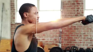 Çift ırklı insan egzersizinin istatistiksel işlemlerinin animasyonu. global spor, dijital arayüz ve veri işleme kavramı dijital olarak oluşturulmuş video.