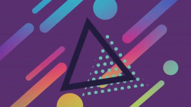Siyah ve nokta üçgenin canlandırması. Mor üzerinde hareket eden daire ve kapsül şekilleri. hareket, enerji ve biçim, soyut arayüz arkaplan kavramı dijital olarak oluşturulmuş video.