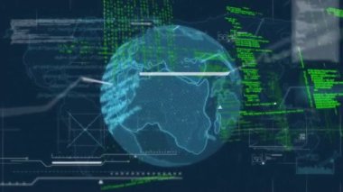 Veri işleme ve korsenin üzerindeki dünyanın animasyonu. küresel veri işleme ve dijital arayüz konsepti dijital olarak oluşturulmuş video.
