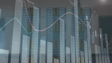 Arkadaki taşıma bantlarındaki karton kutuların üzerinden geçen istatistiklerin canlandırması. küresel sevkiyat, dağıtım, çevrimiçi alışveriş ve bağlantılar konsepti dijital olarak oluşturulmuş video.
