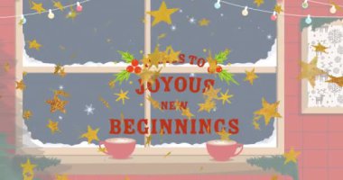 Animasyon, yılbaşı kutlamaları, yıldızlar ve pencerede noel süsleri. Noel, gelenek ve kutlama konsepti dijital olarak oluşturuldu.