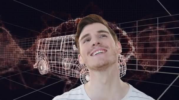 Dna鎖上の白人男性のアニメーション 人間の脳 バンとグリッドの3D描画モデル 世界規模のエンジニアリング データ処理 デジタルインターフェースの概念デジタル生成されたビデオ — ストック動画