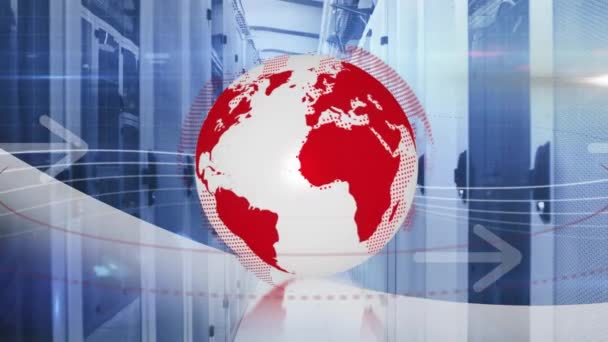 Animación Globo Flechas Procesamiento Datos Través Servidores Informáticos Procesamiento Datos — Vídeo de stock