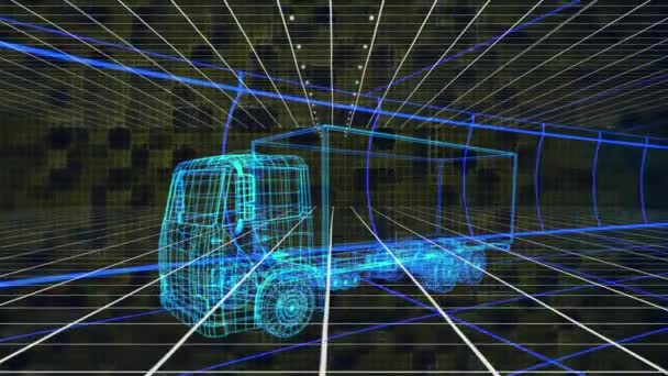 ローリーとグリッドの3D図面モデル上の青い線のアニメーション 世界規模のエンジニアリング データ処理 デジタルインターフェースの概念デジタル生成されたビデオ — ストック動画