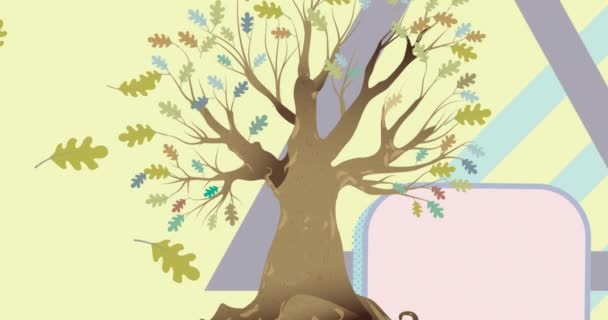 Animation Illustration Green Oak Leaves Blowing Tree Geometric Shapes Yellow — Stock Video