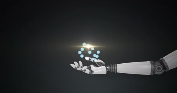 Анімація Мережі Підключених Піктограм Над Рукою Робота Темному Тлі Технології — стокове відео