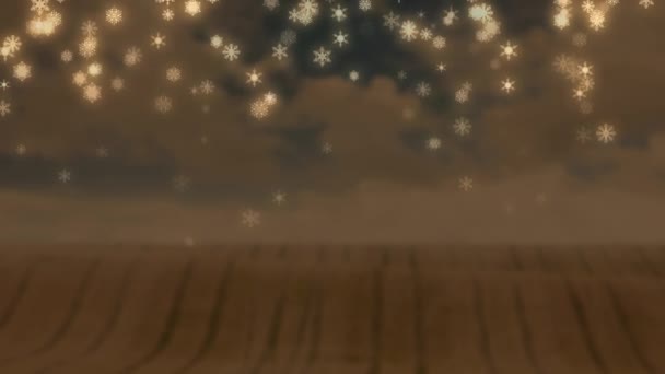 Анимация Снегопада Над Сельской Местностью Коричневом Фоне Зима Рождество Традиции — стоковое видео