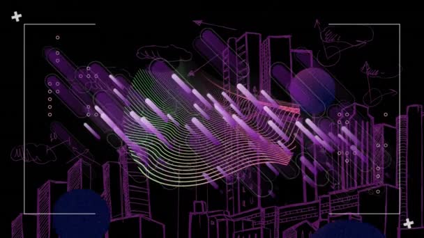 Animación Fuegos Artificiales Sobre Esferas Púrpuras Líneas Paralelas Sobre Edificios — Vídeo de stock