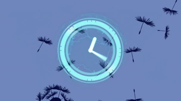 Анімація Сканера Годинниковим Обличчям Над Блакитним Глобусом Насінням Кульбаби Синьому — стокове відео