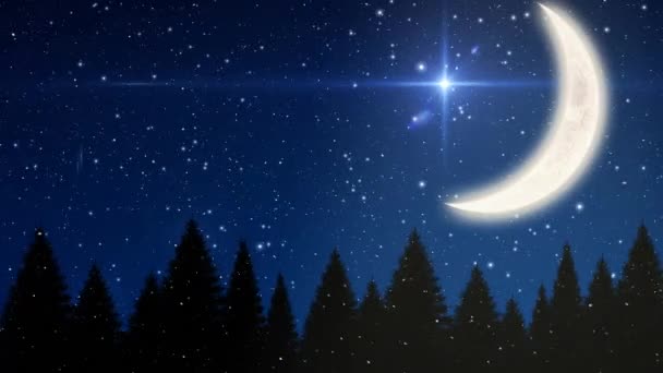 Animation Snow Falling Crescent Moon Stars Christmas Trees Blue Background — Stock Video