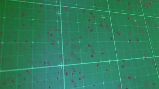緑のグリッド上を回転するヘリックスを形成する赤い粒子のアニメーション 地球規模の科学教育研究技術の概念デジタルで生成されたビデオ — ストック動画