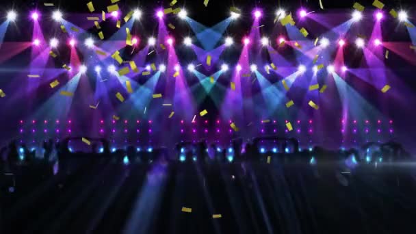 Анимация золотых конфетти, падающих над танцполом с синим и фиолетовым прожекторами. празднование, вечеринка, музыка, технологии и концепция мероприятия цифровым видео.