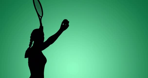 Yeşil Arka Planda Hareket Halindeki Bayan Tenis Oyuncusunun Siluetinin Canlandırması — Stok video
