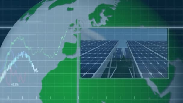Animatie Van Financiële Gegevensverwerking Wereldbol Zonnepanelen Windturbine Mondiaal Klimaatveranderings Duurzaamheids — Stockvideo