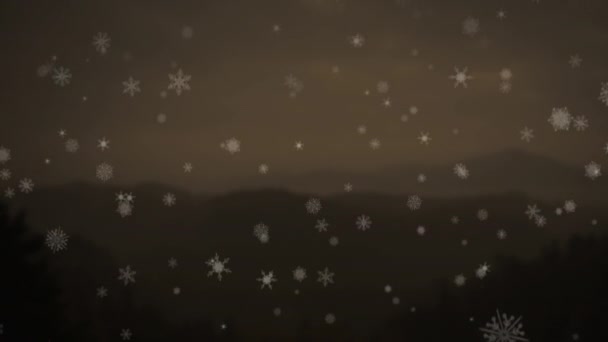 Animación Nieve Cayendo Sobre Montañas Sobre Fondo Marrón Invierno Navidad — Vídeo de stock