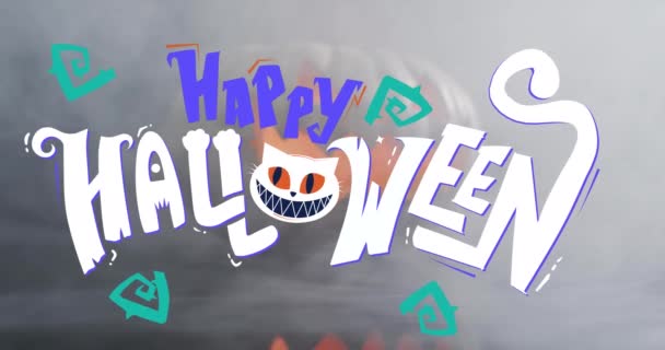 Happy Halloween Text Banner Smoke Effect Pumpkin Grey Background Halloween — Stock Video