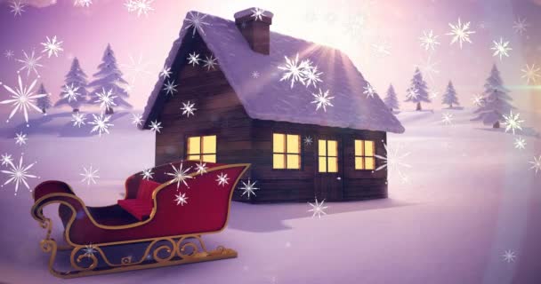 白色的圣诞雪花飘落在覆盖着积雪的房子 雪橇和风景之上 圣诞节 传统和庆祝概念数字制作的视频 — 图库视频影像