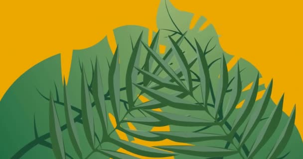 Animation Exotic Green Leaf Shapes Moving Yellow Background Nature Growth — Stock Video