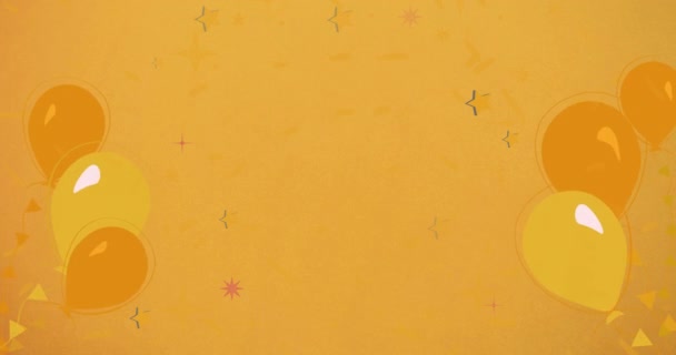 オレンジの背景に黄色の風船で紫と白の幸せな新年のテキストのアニメーション お祝いパーティー伝統季節のイベントコンセプトデジタルで生成されたビデオ — ストック動画
