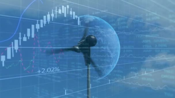 Animace Zpracování Finančních Dat Zeměkoule Přes Větrnou Turbínu Globální Koncepce — Stock video