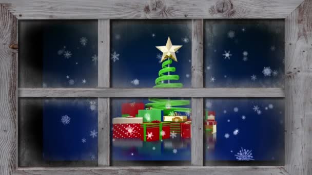Noel Ağacının Üzerine Düşen Kar Animasyonu Pencereden Görülen Kış Manzarasında — Stok video