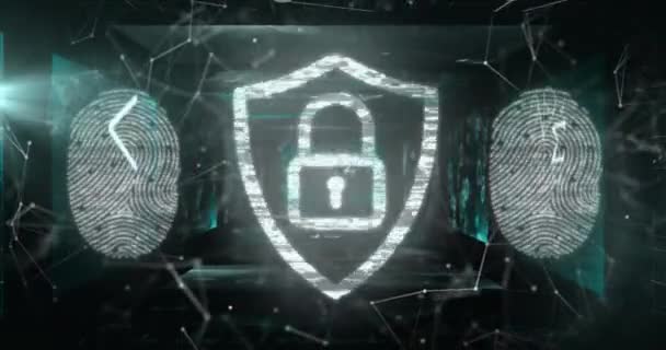 Animación Huella Digital Biométrica Candado Seguridad Línea Través Red Conexiones — Vídeos de Stock