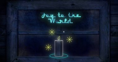 Noel 'de mum ve pencerenin üzerinden dünyaya mutluluk mesajı. Noel, kış, gelenek ve kutlama konsepti dijital olarak oluşturulmuş imaj.