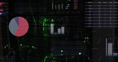 Bilgisayar sunucularının yeşil ışıkları üzerinde işlenen veri ve istatistiklerin resmi. veri işleme, bulut hesaplama konsepti ve teknoloji konsepti dijital olarak oluşturulmuş görüntü.