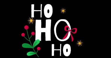 Siyah arka planda noel süslemeleri olan ho ho mesajı resmi. Noel, kış, gelenek ve kutlama konsepti dijital olarak oluşturulmuş imaj.