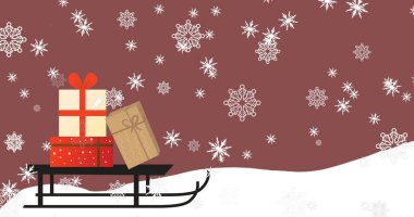 Kızak ve Noel hediyelerinin üzerine yağan kar görüntüsü. Noel, kış, gelenek ve kutlama konsepti dijital olarak oluşturulmuş imaj.