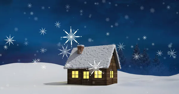 雪に覆われた家や風景の上に夜に落ちる白いクリスマスの雪の結晶のイメージ クリスマス お祝いのコンセプトをデジタルで — ストック写真