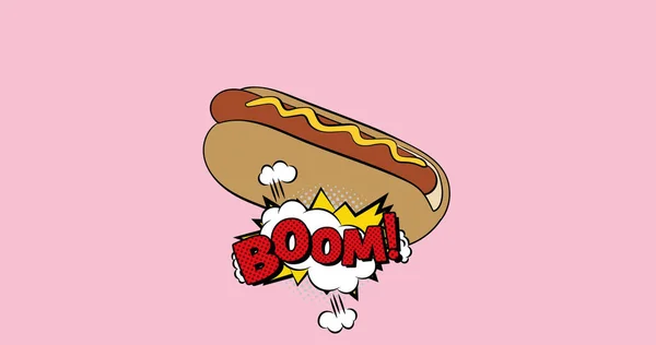 Kép Illusztráció Boom Szöveg Felett Hot Dog Rózsaszín Háttérrel Gyorsétterem — Stock Fotó